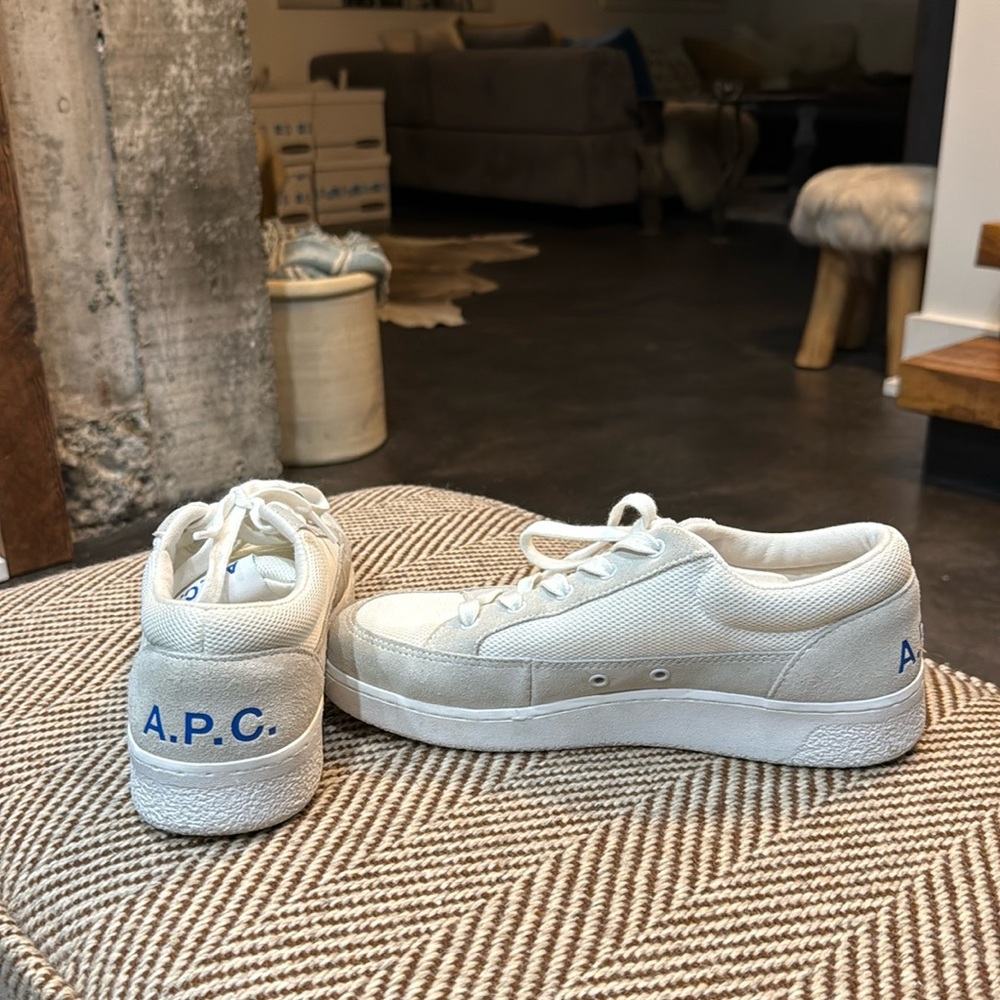 APC white court shoe, mesh, and suede